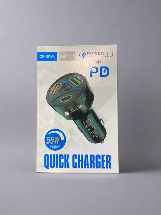 55W Fast Car Charger with QC 3.0 + PD (Multi-Port)