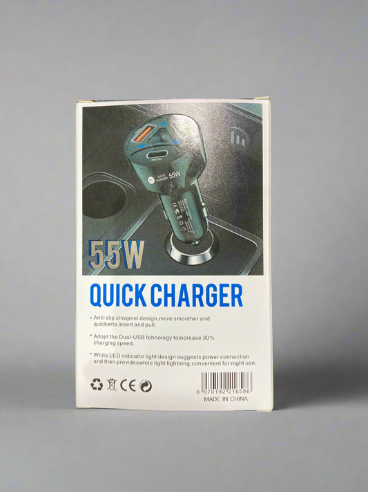 55W Fast Car Charger with QC 3.0 + PD (Multi-Port)